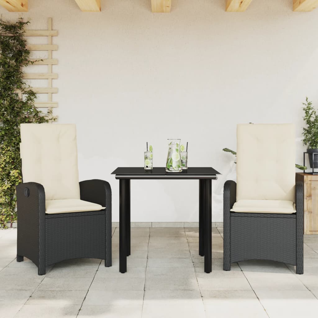 3-tlg. Garten-Essgruppe mit Kissen Schwarz Poly Rattan